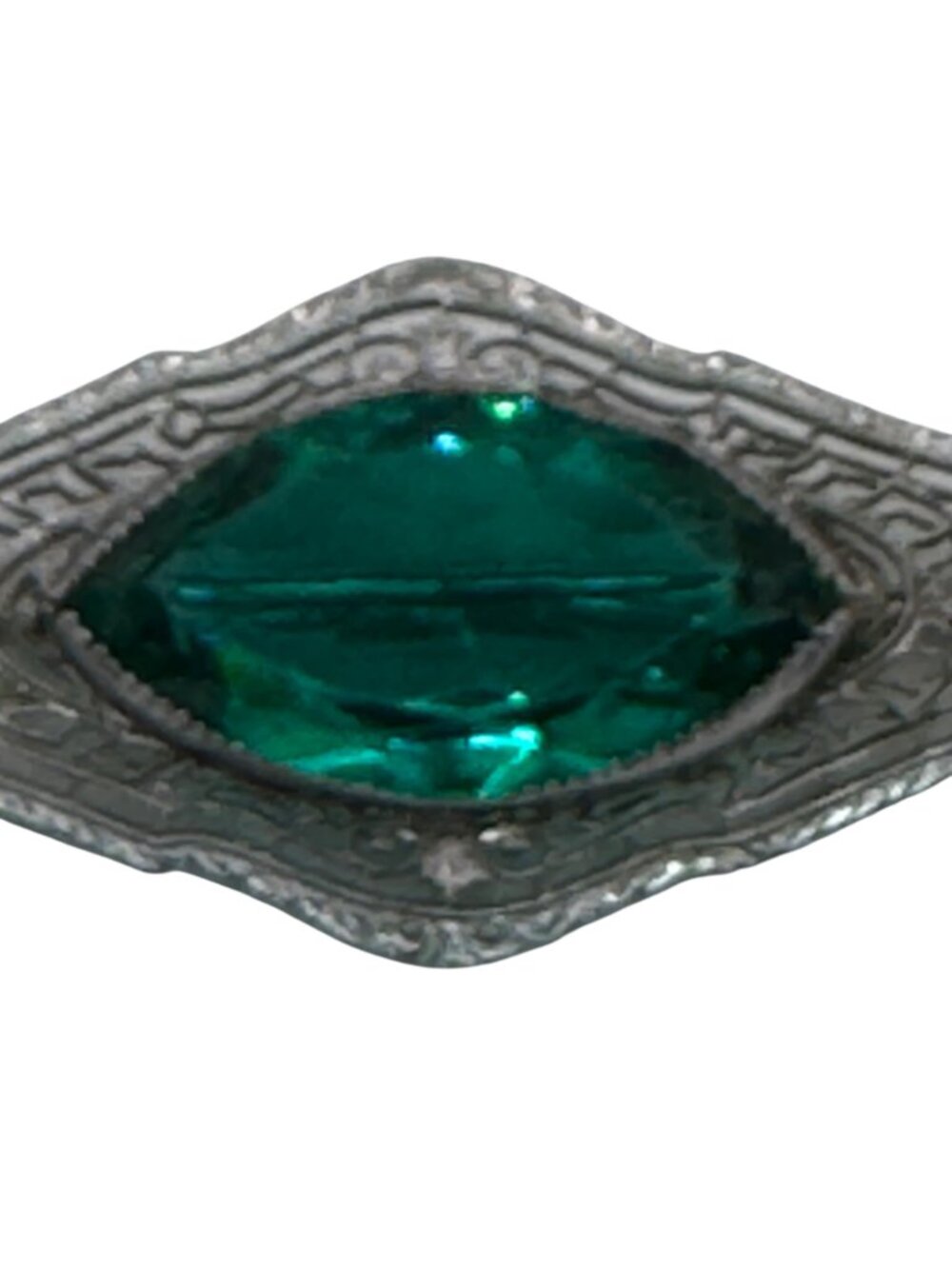 Antique 14k White Gold Filigree Brooch Emerald Green Glass Stone Art Deco 2.5" - Picture 2 of 11